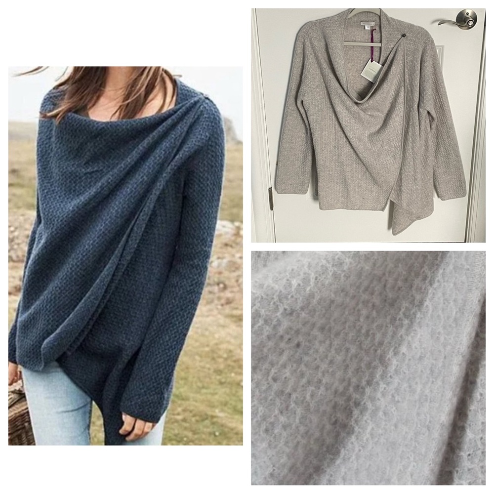 Garnet Hill Draped Asymmetrical Sweater in Slate Blue and Light Gray